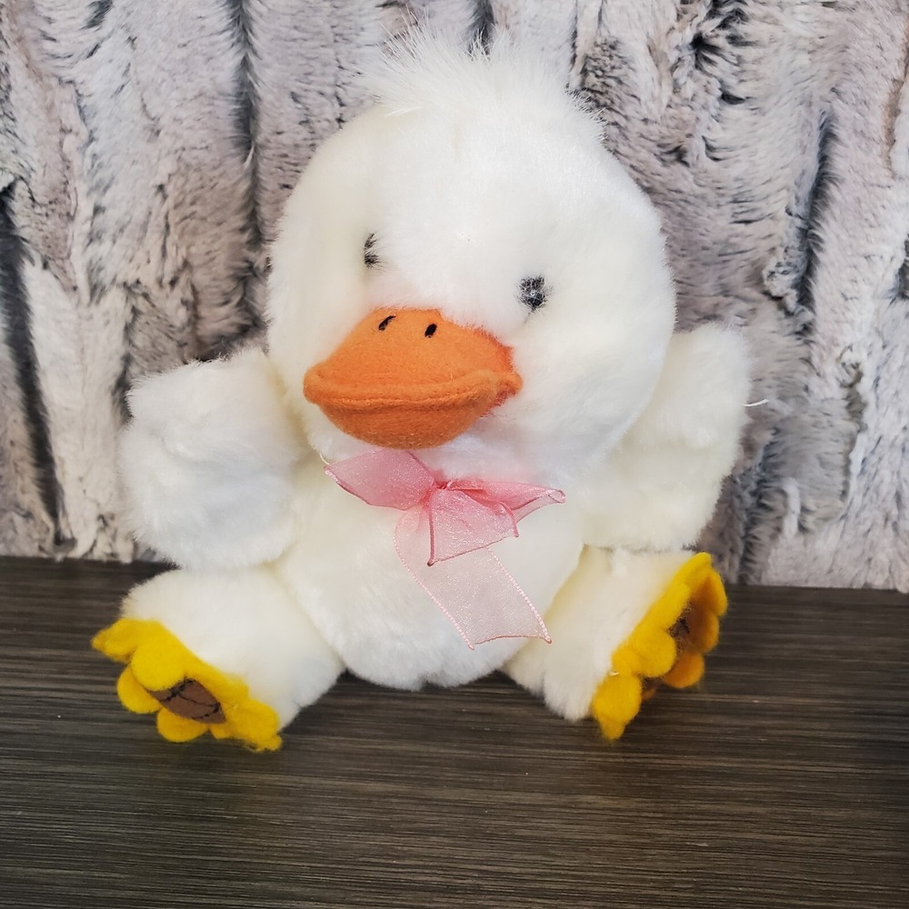 MTY International White Duck Chick Easter Plush Spring Toy Sunflower Feet 7" EUC